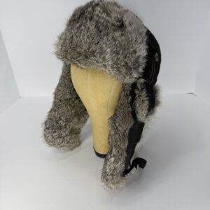 Mad Bomber Hat Size Large Trapper Black Nylon Rabbit Fur Chin Strap Winter Warm